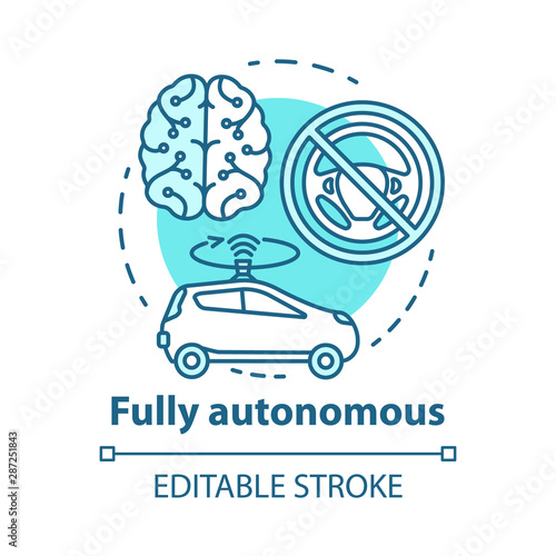 Fully autonomous concept icon. Car driven by artificial intelligence. Autopilot system. Robotic vehicle. Driverless car idea thin line illustration. Vector isolated outline drawing. Editable stroke