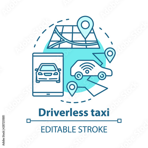 Driverless taxi concept icon. Robo-Cab. Navigation in autonomous car. Rout for self-driving vehicle. Mobile taxi service idea thin line illustration. Vector isolated outline drawing. Editable stroke