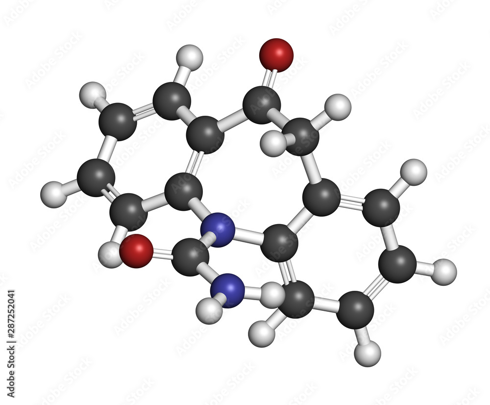 Oxcarbazepine epilepsy drug molecule. 3D rendering. Atoms are represented as spheres with conventional color coding: hydrogen (white), carbon (grey), nitrogen (blue), oxygen (red). Oxcarbazepine epilepsy drug molecule. 3D rendering. Atoms are represented as spheres with conventional color coding: hydrogen (white), carbon (grey), nitrogen (blue), oxygen (red).