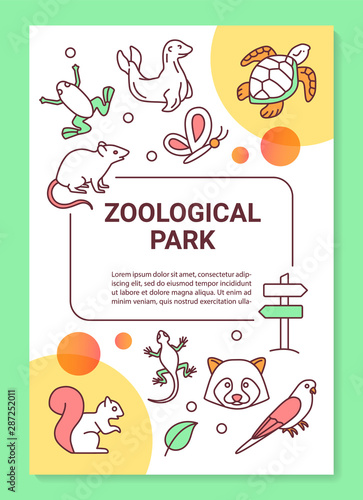 Zoological park poster template layout. Wildlife. Zoo and oceanarium animals. Banner, booklet, leaflet print design with linear icons. Vector brochure page layouts for magazines, advertising flyers