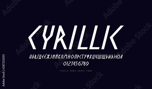 Cyrillic italic sans serif font in geometric style
