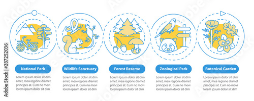 Protected areas for biodiversity vector infographic template. Business presentation design elements. Data visualization with five steps. Process timeline chart. Workflow layout with linear icons