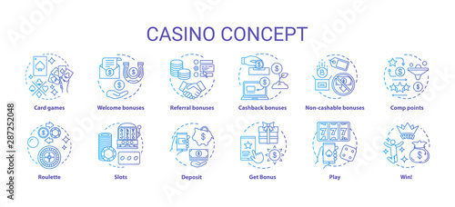 Casino concept icons set. Online games of chance and bonuses idea thin line illustrations. Slot machines, card games, roulette. Gambling. Vector isolated outline drawings pack