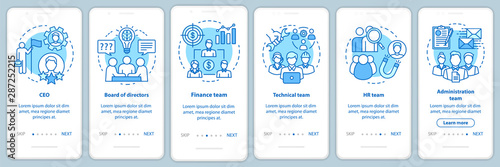 Company staff onboarding mobile app page screen with linear concepts. CEO, board of directors walkthrough steps graphic instructions. Corporate team. UX, UI, GUI turquoise template with illustrations