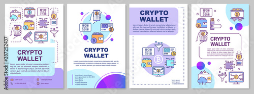 Crypto wallet brochure template layout. Bitcoin storing. Flyer, booklet, leaflet print design with linear icons. Cryptocurrency transactions. Vector page layouts for magazines, annual reports, posters