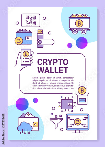 Crypto wallet poster template layout. Cryptocurrency storing and transactions. Banner, booklet, leaflet print design with linear icons. Vector brochure page layouts for magazines, advertising flyers