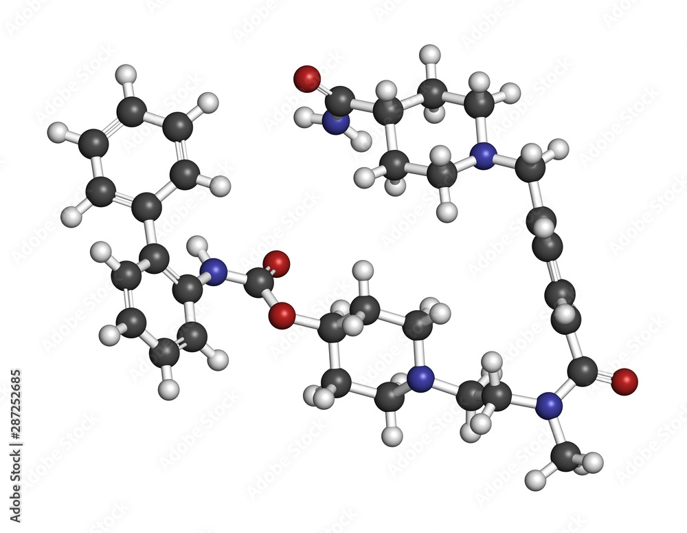 Revefenacin COPD drug molecule. 3D rendering. Atoms are represented as spheres with conventional color coding: hydrogen (white), carbon (grey), nitrogen (blue), oxygen (red).
