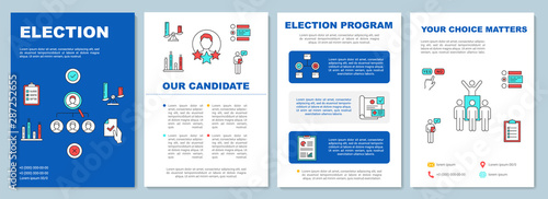 Election brochure template layout. Candidate and voting program. Flyer, booklet, leaflet print design, linear illustrations. Vector page layouts for magazines, annual reports, advertising posters
