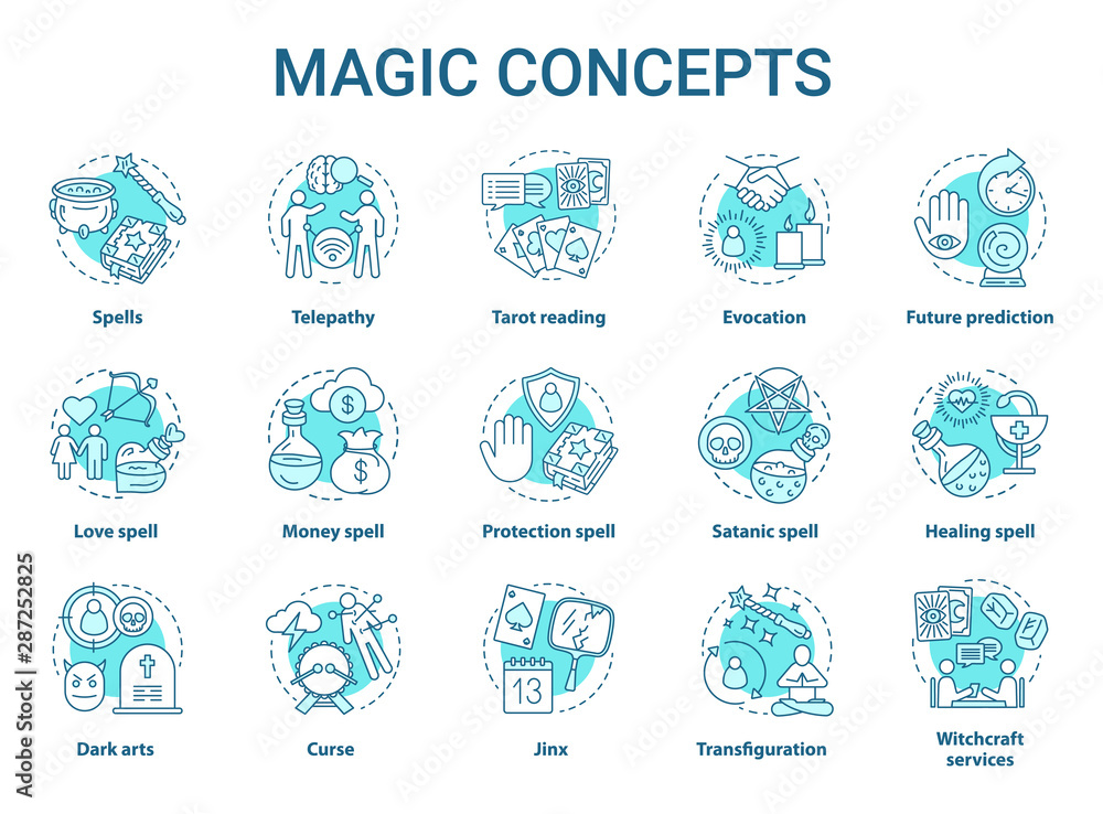 Magic concept icons set. Occultism, esoterics and witchcraft idea thin line illustrations. Mystic spells and alchemy potions. Fortune telling service. Vector isolated outline drawings. Editable stroke
