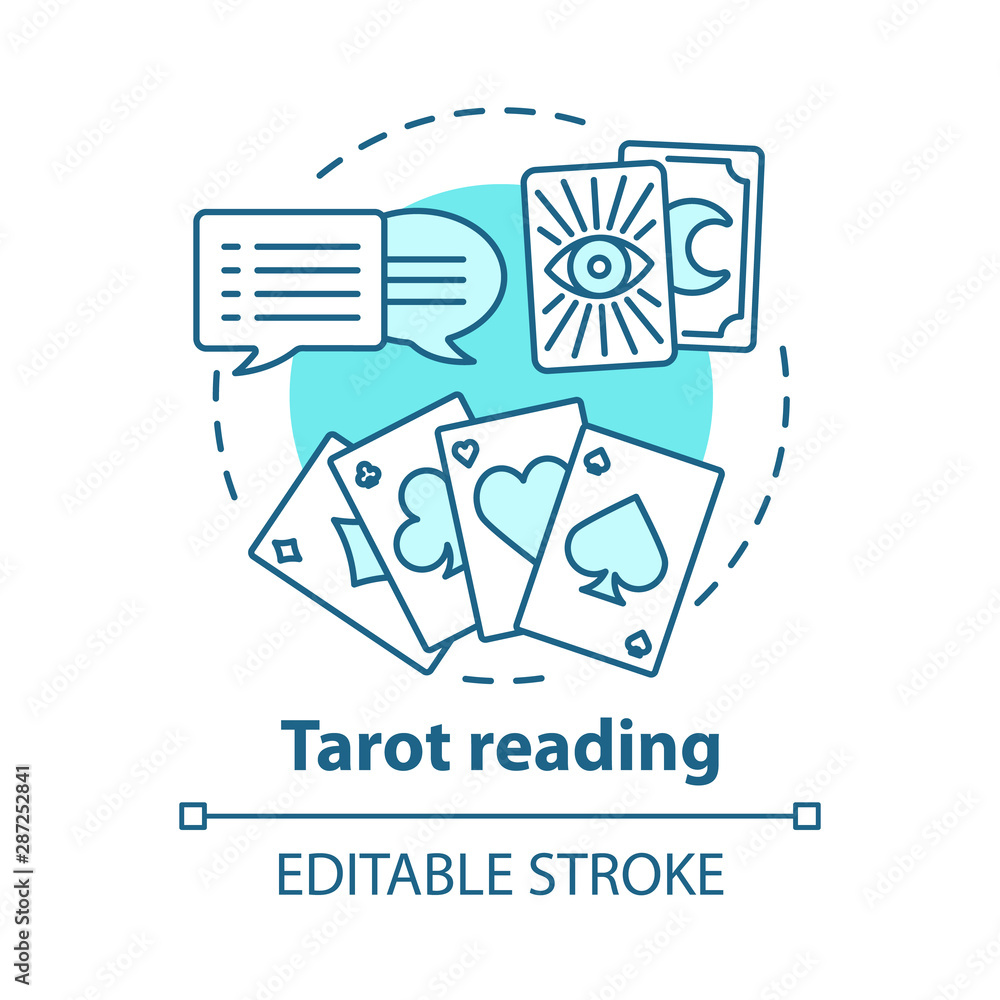 Tarot reading concept icon. Fortune telling, divination, future prediction  idea thin line illustration. Speech bubbles, playing and clairvoyant cards  vector isolated outline drawing. Editable stroke Stock Vector | Adobe Stock