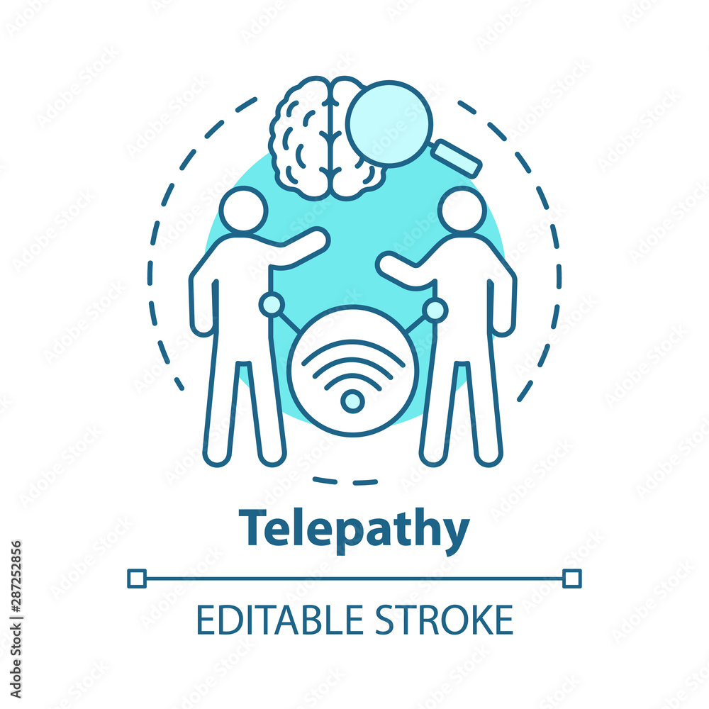 Telepathy concept icon. Mind reading, thought transference idea thin line illustration. Psychic powers. Brain with magnifying glass and people vector isolated outline drawing. Editable stroke Telepathy concept icon. Mind reading, thought transference idea thin line illustration. Psychic powers. Brain with magnifying glass and people vector isolated outline drawing. Editable stroke