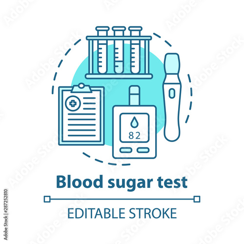 Blood sugar control devices concept icon. Monitoring glucose level idea thin line illustration. Electronic glucometer for diabetic patients. Vector isolated outline drawing. Editable stroke