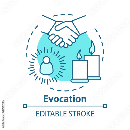 Evocation concept icon. Spiritualistic session, divination service. Occultism and esoterics idea thin line illustration. Candles and holding hands vector isolated outline drawing. Editable stroke