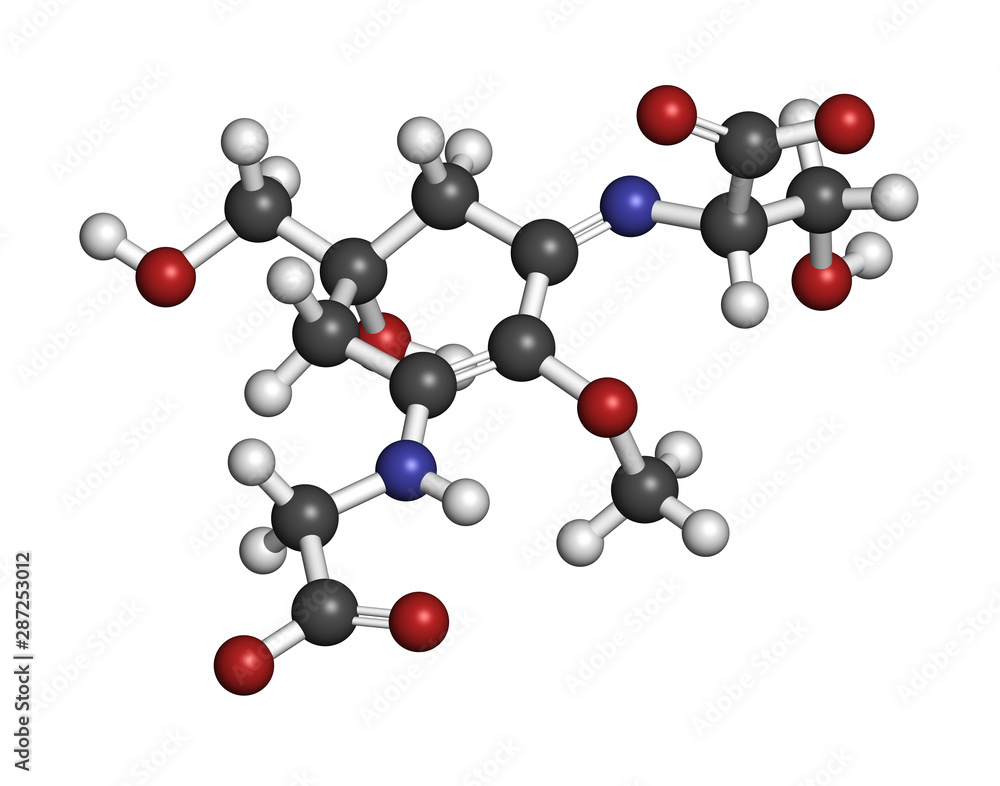 Shinorine sunscreen molecule. 3D rendering. Atoms are represented as spheres with conventional color coding: hydrogen (white), carbon (grey), oxygen (red), nitrogen (blue). Shinorine sunscreen molecule. 3D rendering. Atoms are represented as spheres with conventional color coding: hydrogen (white), carbon (grey), oxygen (red), nitrogen (blue).