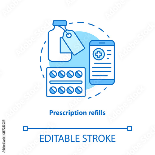Prescription refills concept icon. Pharmacy idea thin line illustration. Medically prescribed drugs shopping, consultation. Taking rx medication. Vector isolated outline drawing. Editable stroke
