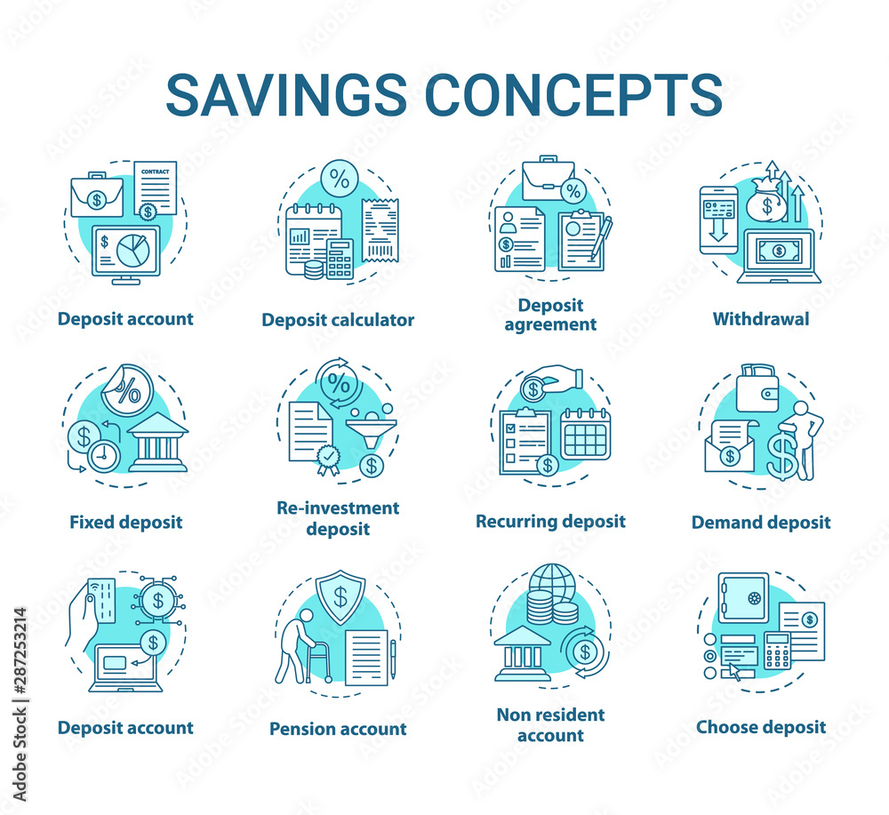 Savings concept icons set. Different banking systems, deposit account variety idea thin line illustrations. Passive income from savings account. Vector isolated outline drawings. Editable stroke Savings concept icons set. Different banking systems, deposit account variety idea thin line illustrations. Passive income from savings account. Vector isolated outline drawings. Editable stroke