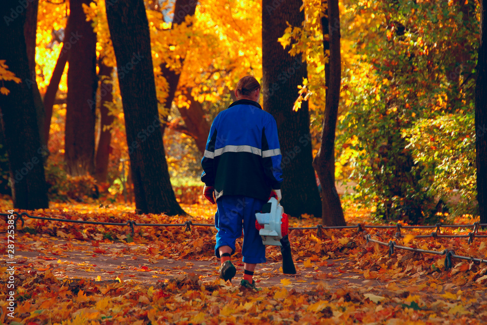 man cleaning fallen leaves with a blower in an autumn city park man cleaning fallen leaves with a blower in an autumn city park