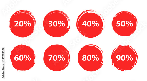 Set of tag sale label. Grunge stamps, badges and banners. Special offer, hot sale, Best price. 20, 30, 40, 50, 60, 70, 80, 90 percent. Vector illustration.