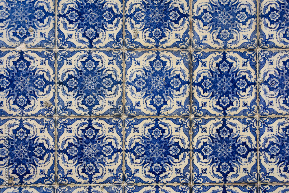 Lisbon, Portugal - July 26, 2019: Vintage azulejos, traditional Portuguese tiles