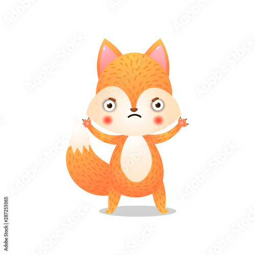 Cute fox in protective pose. Raster illustration in flat cartoon style on white background