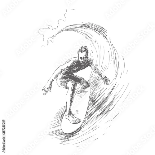 Vector illustration with surfer on wave. Black and white hand drawn sketch. Man on board with water splashes