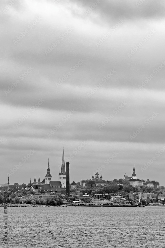 Old Tallinn view from the seaside. Black and white. Old Tallinn view from the seaside. Black and white.