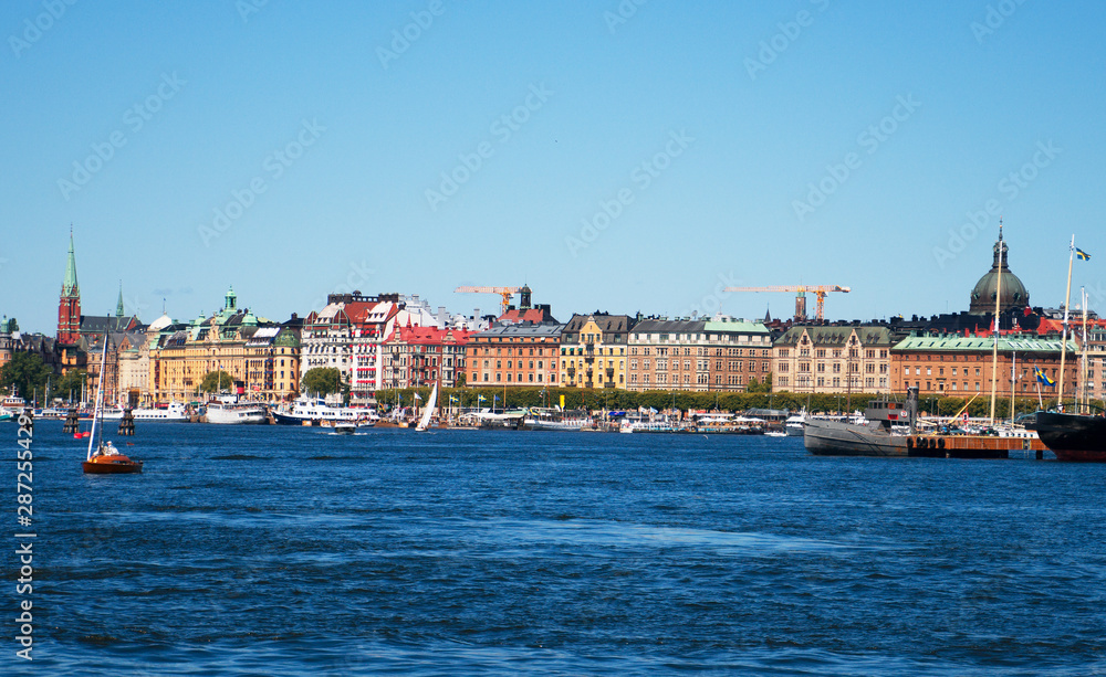 View of the summer Stockholm with ships and boats.