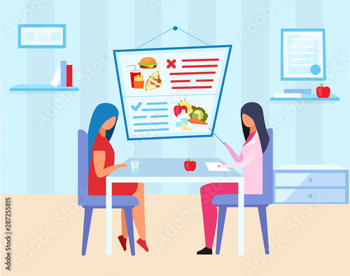 Woman visiting dietitian flat vector illustration. Female nutritionist prescribing healthy food diet for young girl cartoon characters. Gastroenterologist forbidding junk food, snacks, fizzy drinks