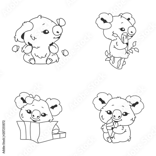 Fototapeta Naklejka Na Ścianę i Meble -  Cute koala kawaii linear characters pack. Adorable and funny animal sitting on branch, eating ice cream isolated stickers, patches. Anime baby koala doodle emojis thin line icons set