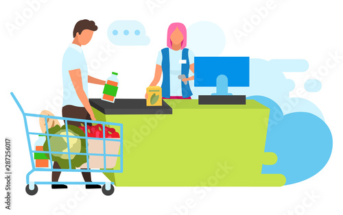 Grocery store flat vector illustration. Supermarket shopping. Buying goods, products at checkout, cashdesk. Hypermarket cashier and customer isolated cartoon character on white background