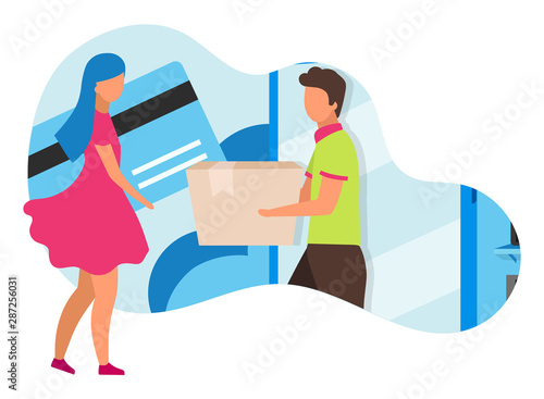 Order delivery service flat concept icon. Payment with credit card. Doing purchases, online shopping. Customer and seller sticker, clipart. Isolated cartoon illustration on white background