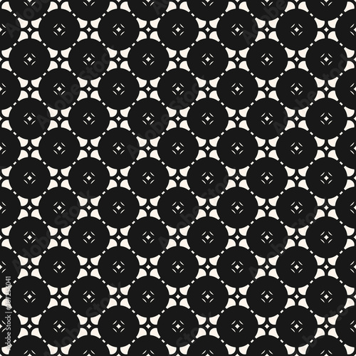 Vector monochrome geometric seamless pattern with floral shapes, round grid, net