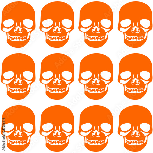 Seamless skull pattern. Orange color on white background. Day of the dead or Halloween pattern for cards, wrapping paper, decoration and web.