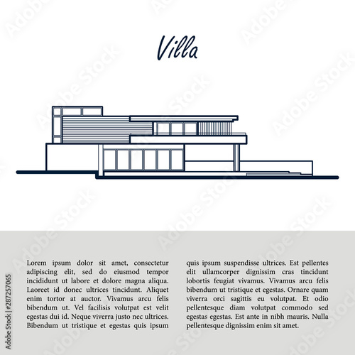 Modern villa. Front view. Dark blue outline drawing. Template for your text at the bottom on a gray background.