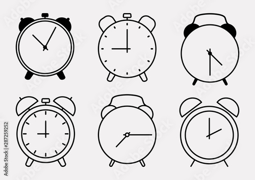 Set of alarm clock icons, outline design. Vector illustration