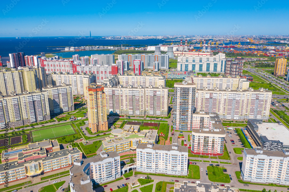 Fototapeta premium Aerial view of St.Petersburg city. New buiaildings. Southwest part. Russia