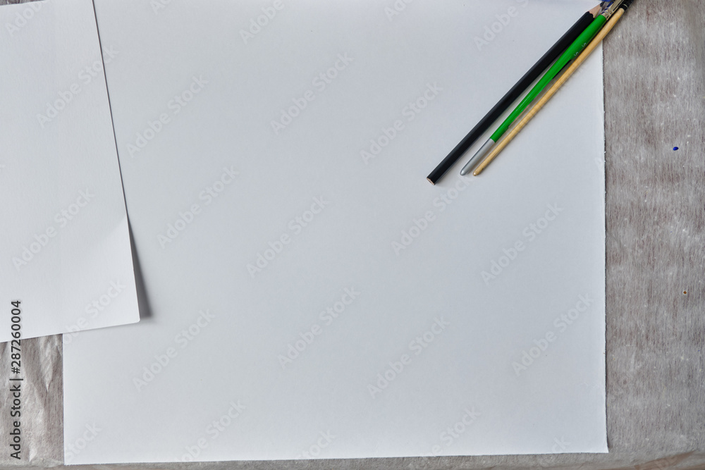 White sheet and stationery for drawing close up White sheet and stationery for drawing close up