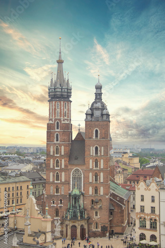 Beautiful view of the Church of the Assumption of the Blessed Virgin Mary (St. Mary's Church) in Krakow, Poland