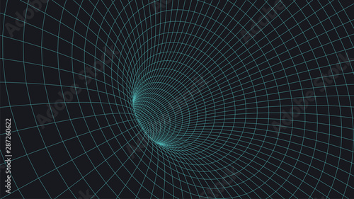 Fototapeta Naklejka Na Ścianę i Meble -  Wireframe 3D tunnel. Perspective grid background texture. Meshy wormhole model. Vector Illustration.