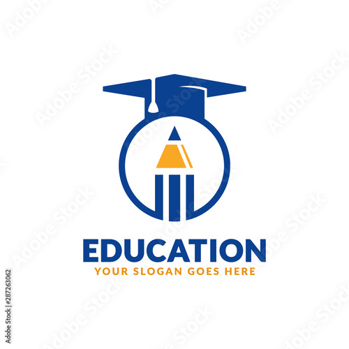 Education logo design template, pencil and graduation cap icon stylized