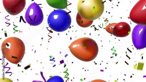 1080 HD video of multi-colored balloons and confetti falling from above over a white background. Includes alpha matte! (16:9)