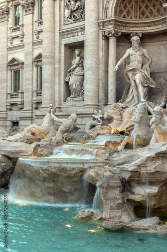 Sunset view of Trevi Fountain in city of Rome, Italy