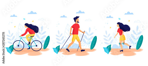 Healthy lifestyle. Different physical activities: roller skates, nordic walking. Flat vector illustration.