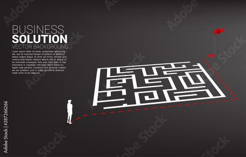 Silhouette of businessman with route path go around the maze to goal. Business concept for problem solving and finding idea.