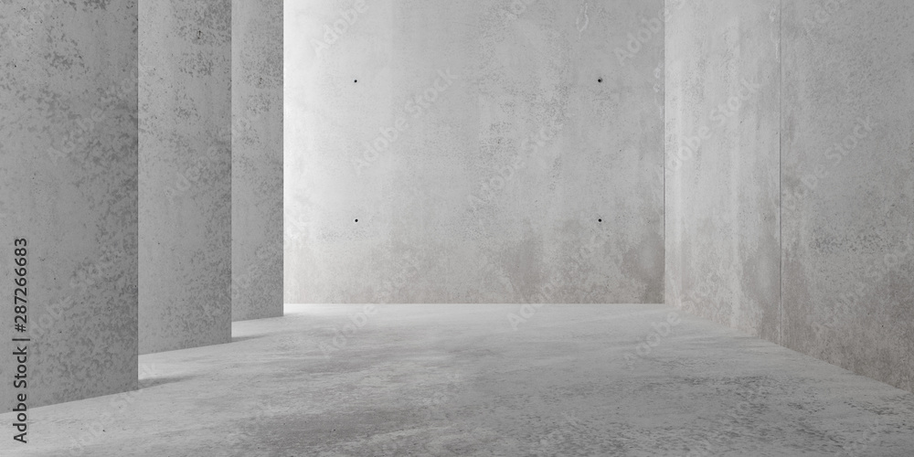 Fototapeta premium Streszczenie pusty, nowoczesny pokój betonowy z pośrednim oświetleniem od ściany bocznej - szablon tła wnętrza przemysłowego, ilustracja 3d