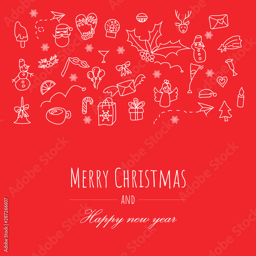 Merry Christmas postcard on cute doddle christmas element pattern in vector illustration