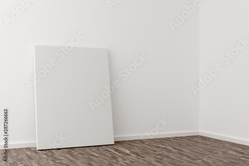 Empty picture frame canvas leaning against white wall in bright room with wooden floor with copy space - portfolio, gallery or artwork template mock up - 3D illustration