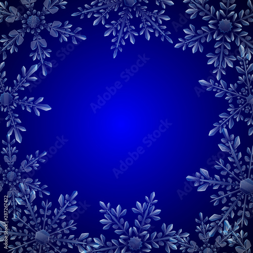 Fototapeta Naklejka Na Ścianę i Meble -  Christmas illustration with frame of large complex translucent snowflakes on blue background. Transparency only in vector format