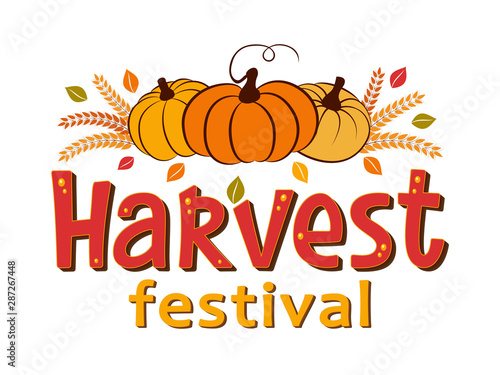 Harvest Festival hand drawn lettering and typographic text with pumpkins, leaves, wheat ears. Harvest symbols. Autumn harvest fest design for banner, poster, cards, tags. Isolated vector illustration