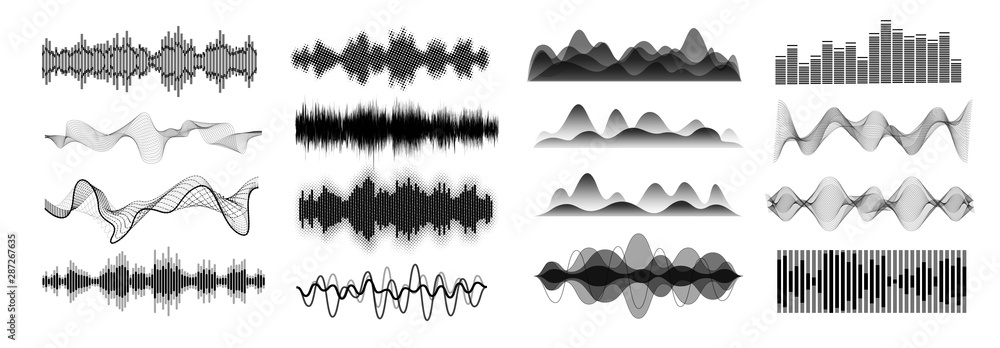 Different sound waves black  isolated on white background. Equalizers template. Music audio frequency, voice line waveform, electronic radio signal, volume level symbol, curve radio, waves set. Vector